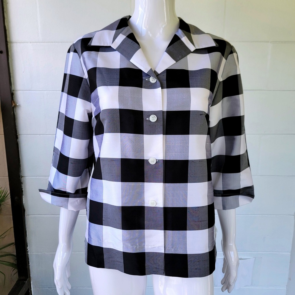 VTG 90s Jones New York Country Silk Shirt Black White Plaid Women L Y2K Luxury